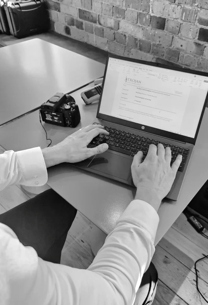 trojan Investigation and security expert conducting a background check in their office using a lap top